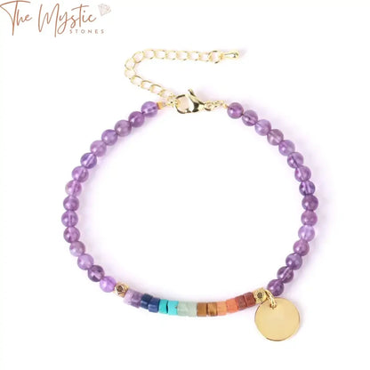 The image shows a bracelet designed for women, featuring 4mm natural stone beads representing the 7 chakras.