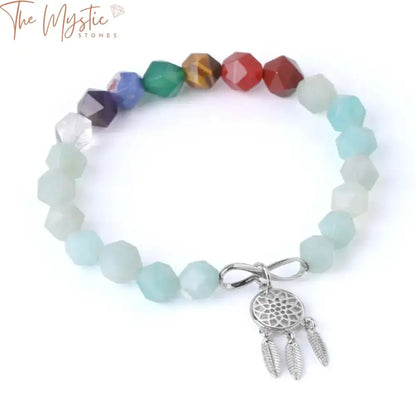 A Chakra bracelet featuring natural stone multifaceted beads, adorned with infinite and dream catcher charms.