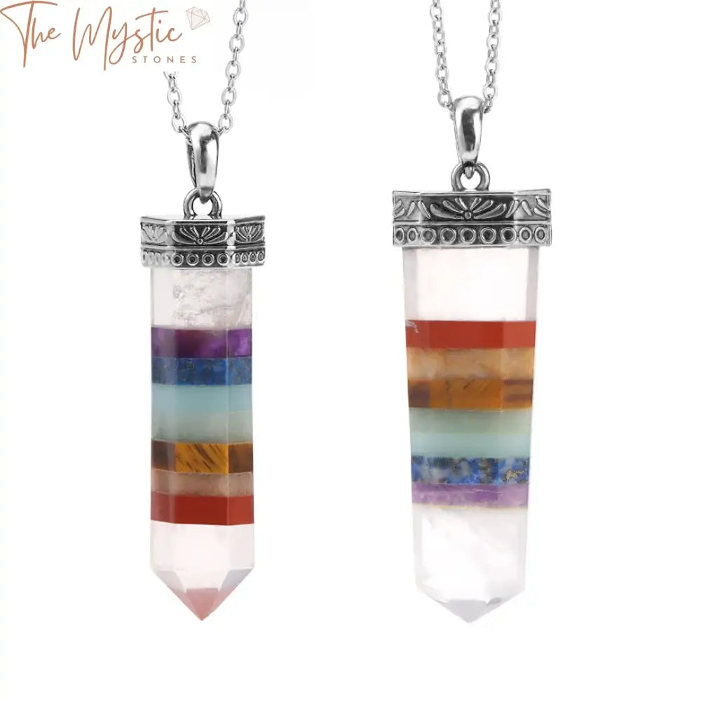 Close-up image of a 7 Chakra Sword Necklace for men, featuring a white crystal hexagonal pendant.