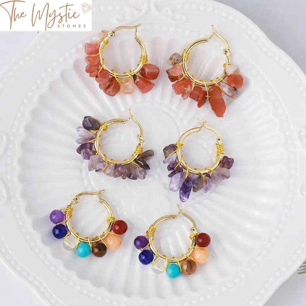 Chakra Stone Hoop Earrings With Pink Quartz Crystals