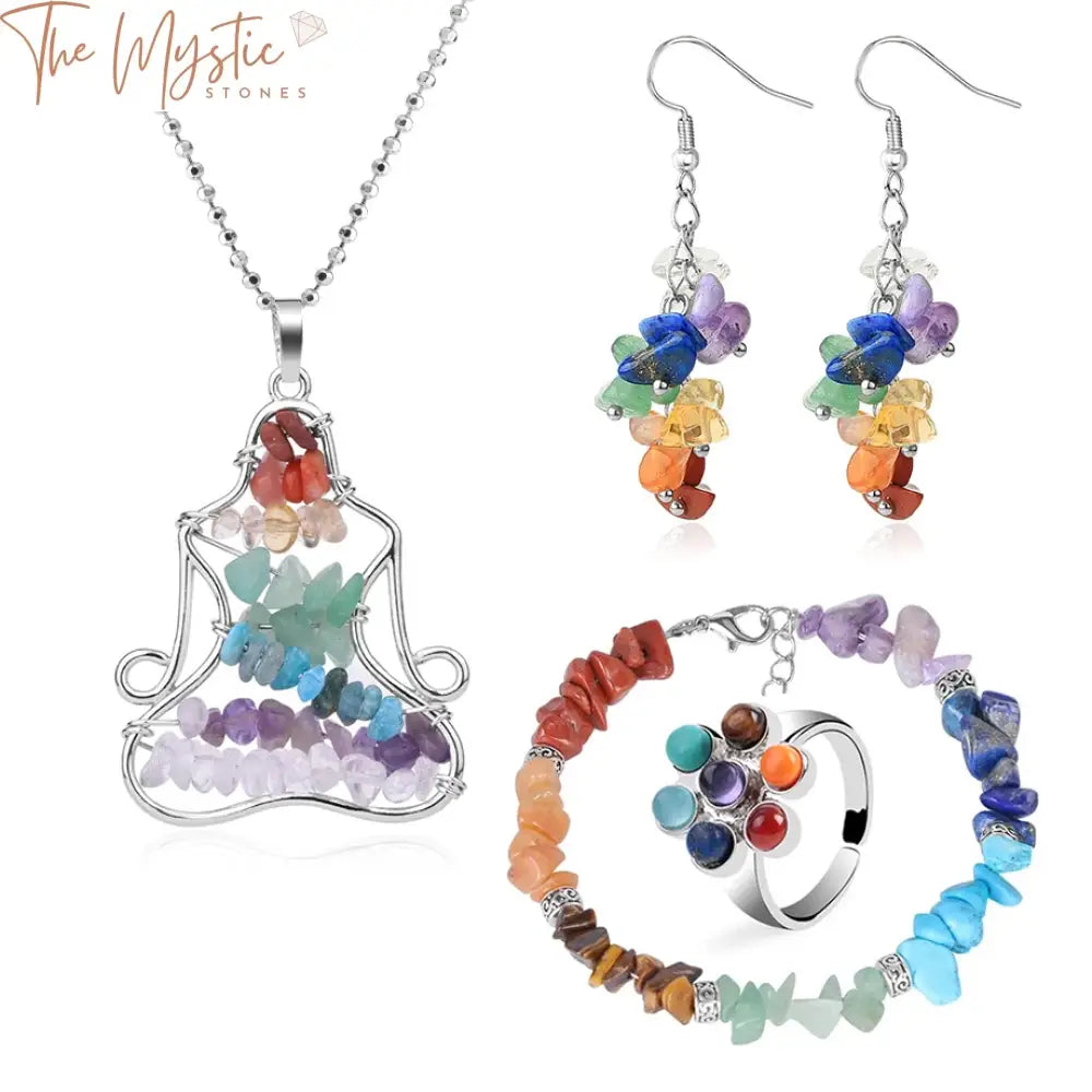 A collection of natural stone jewelry sets displayed on a soft background, featuring vibrant 7 chakra chip bead designs.