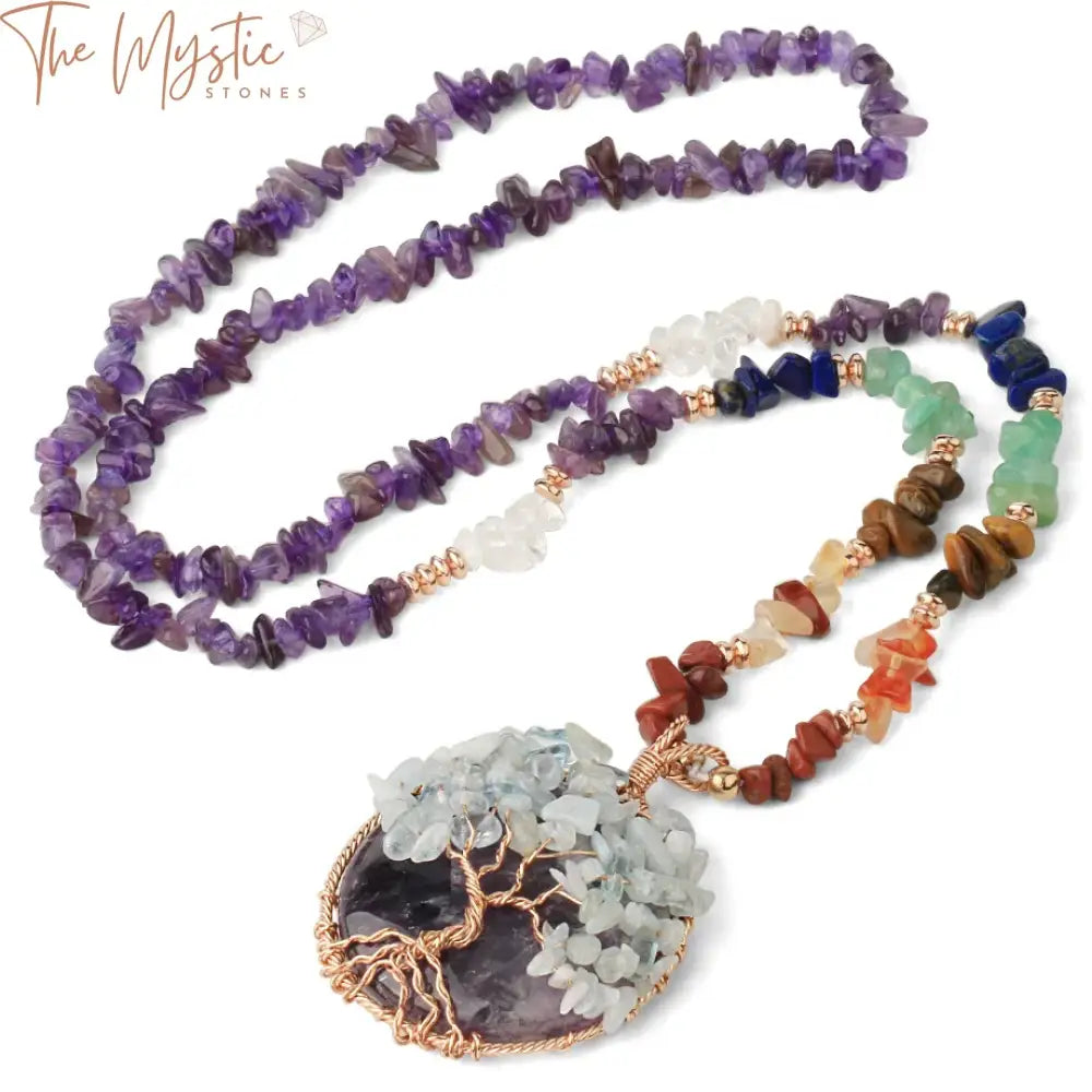 A collection of Natural Chips Stone Reiki Chakra long necklaces featuring Tree of Life wire wrap pendants.