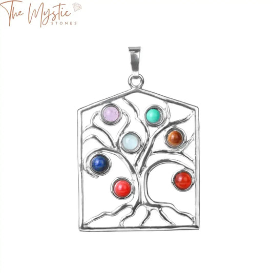 A pendant featuring a tree of life design intricately crafted with various multicolored beads representing the seven chakras.