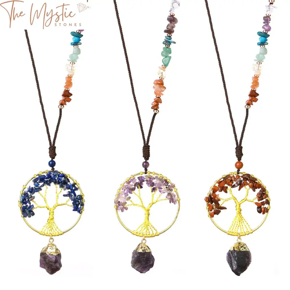 A close-up of a Healing 7 Chakra Tree of Life necklace featuring an intricately designed pendant.