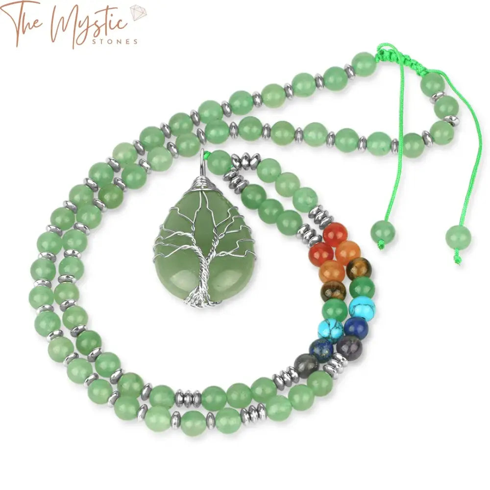 Chakra Tree Of Life Aventurine & Pink Crystal Necklace