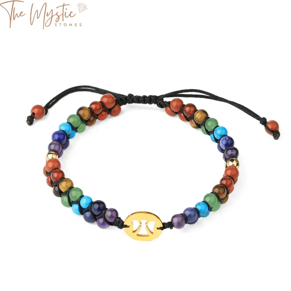 A vibrant, double-layered bracelet featuring an array of natural stones representing the 7 chakras.