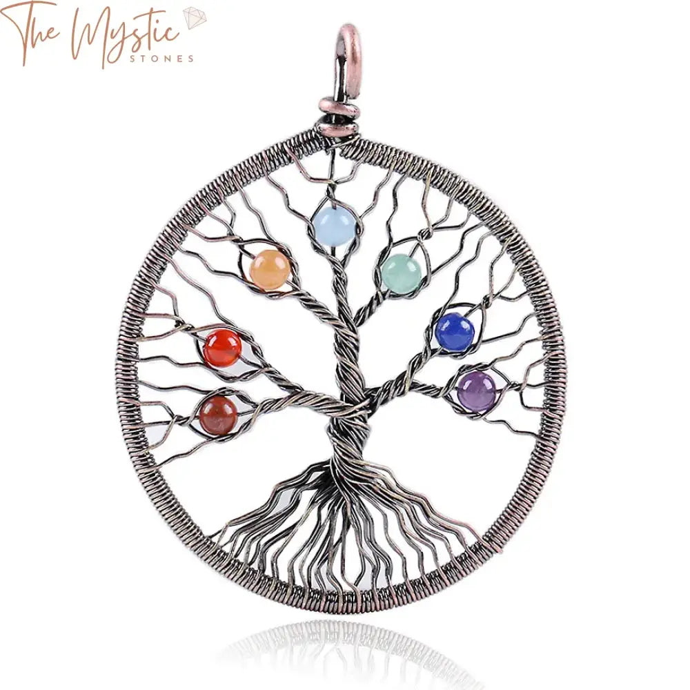 A round pendant featuring seven chakra stone beads, each a different vibrant color, meticulously arranged in a vertical line.