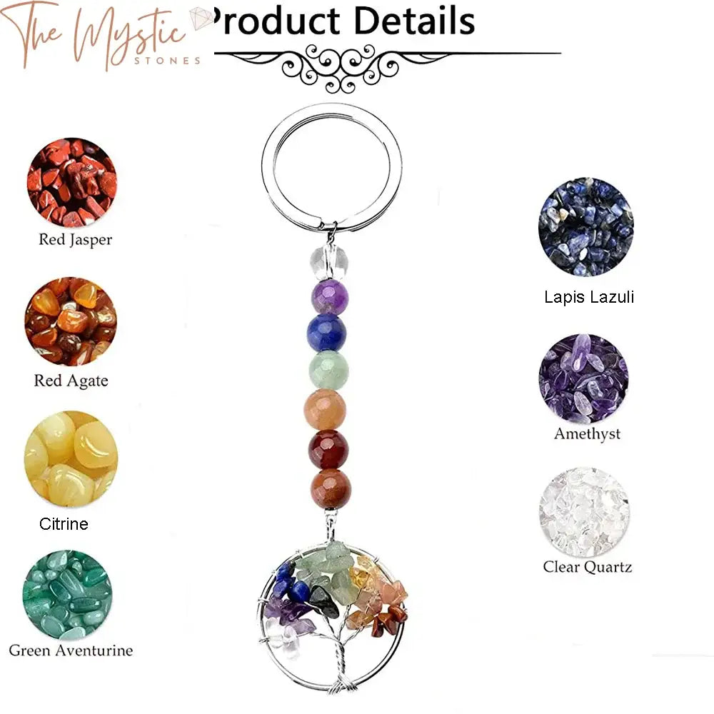 A keychain featuring a Tree of Life design, intricately crafted with multicolored gemstone beads representing the 7 chakras.