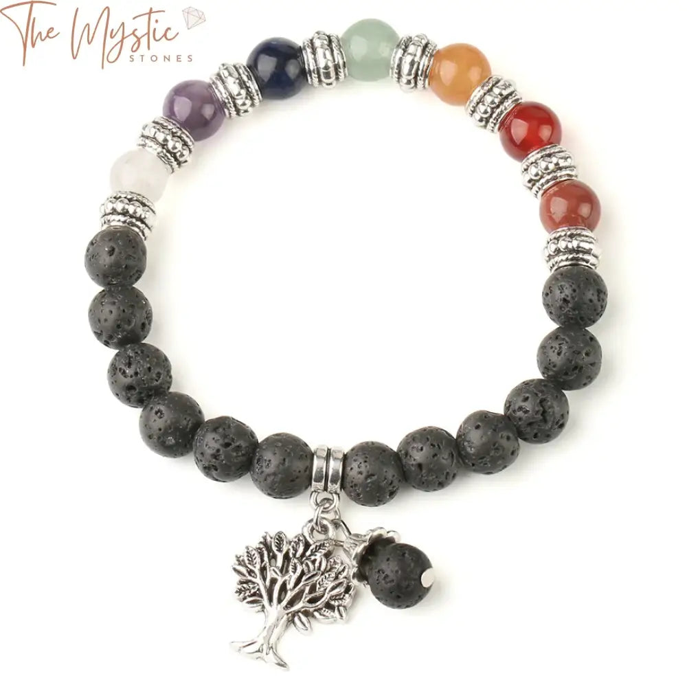 A bracelet featuring the Tree of Life design, composed of natural stones in seven chakra colors.