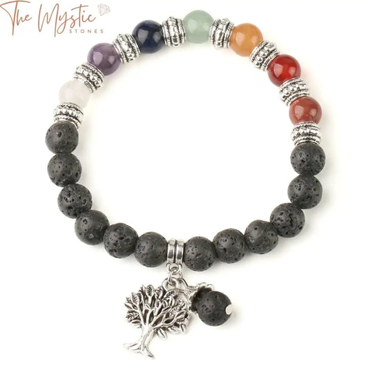 A bracelet featuring the Tree of Life design, composed of natural stones in seven chakra colors.