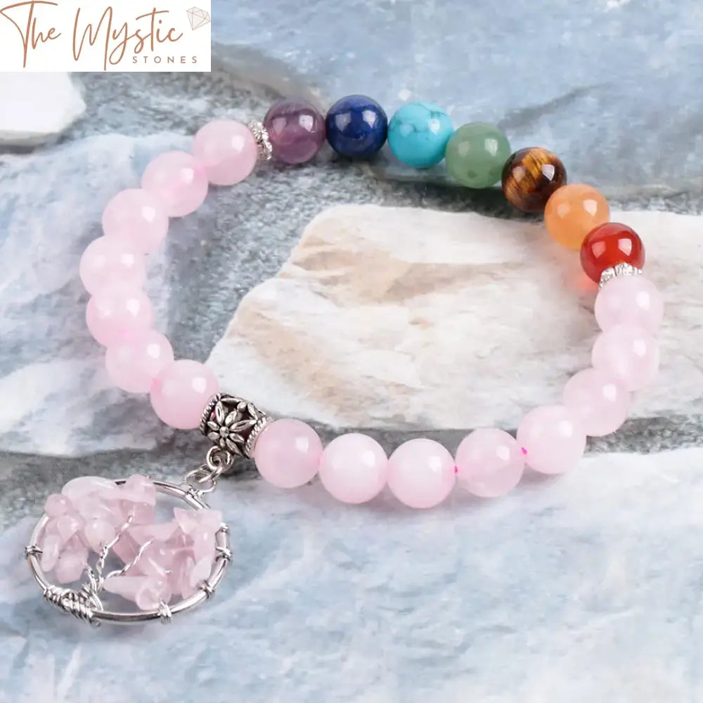 Chakra Tree Of Life & Pink Quartz Bracelet