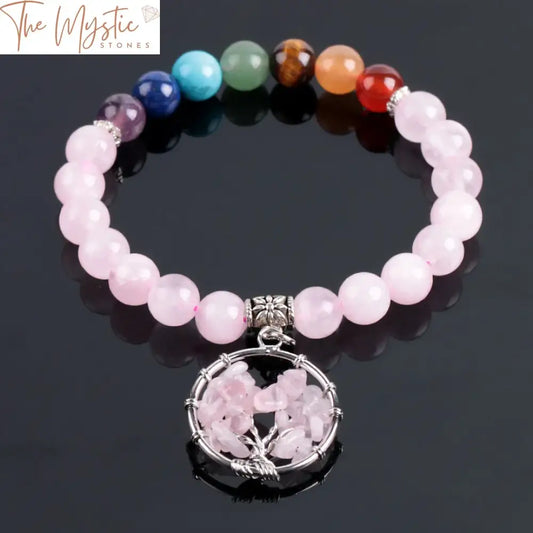 A vibrant bracelet featuring a combination of natural stone beads, including seven chakra stones and pink quartz.