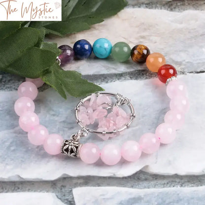 Chakra Tree Of Life & Pink Quartz Bracelet