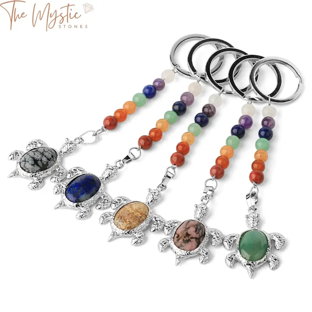 Chakra Turtle Keychain - Silver Sea Pendant With Natural Stone Beads