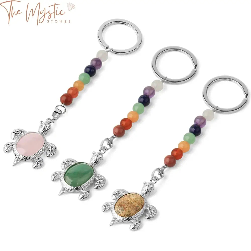 Chakra Turtle Keychain - Silver Sea Pendant With Natural Stone Beads