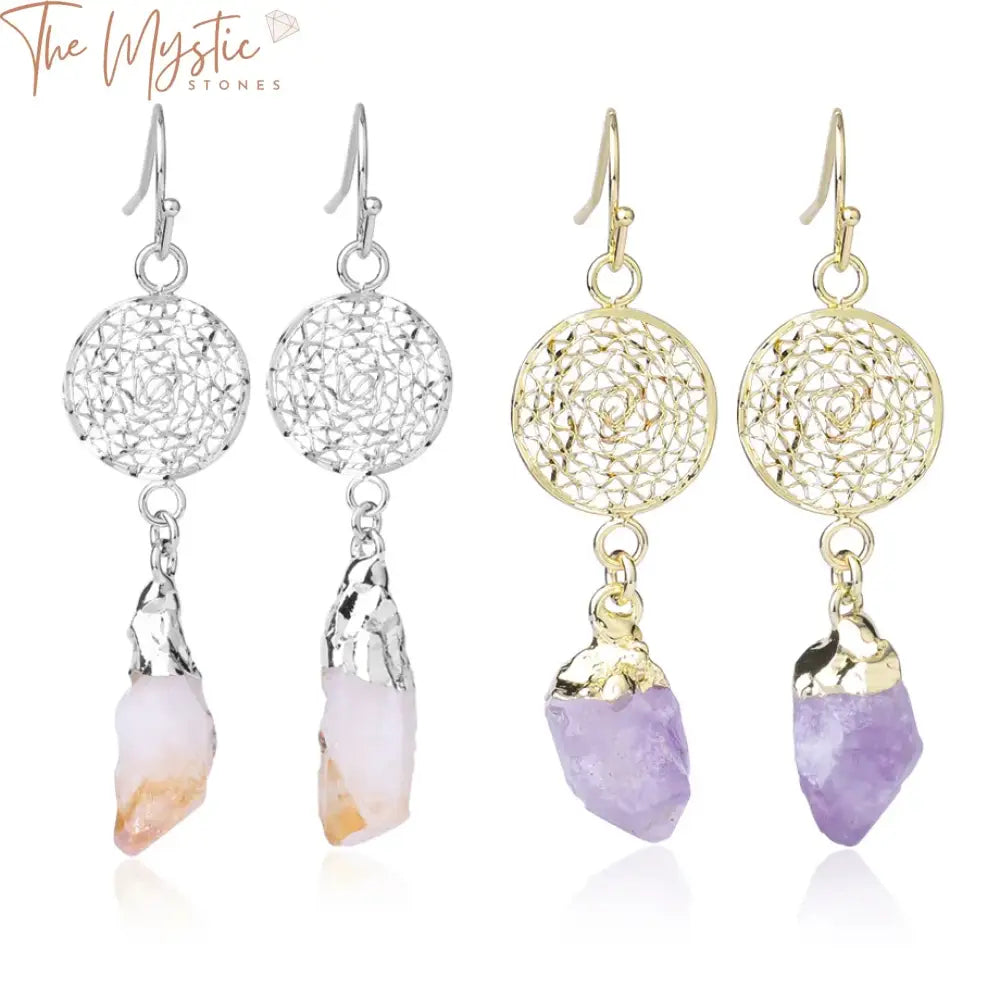 A pair of drop earrings featuring a unique design with natural stone crystals.