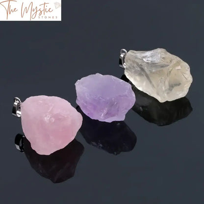 A collection of crystal pendants featuring a variety of natural stones, each with unique irregular shapes.