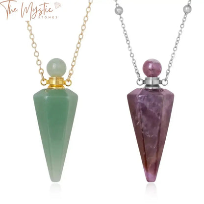 A close-up image of a pendant necklace featuring a natural stone cone-shaped perfume bottle.