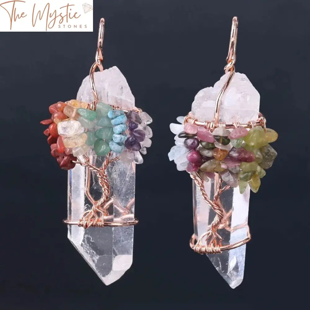 A clear quartz pendant shaped like a natural stone rock crystal, intricately wrapped with wire to form a tree of life design.