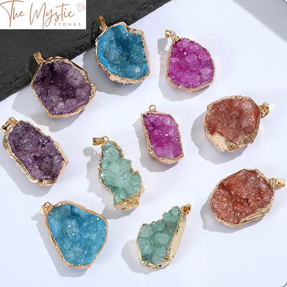 A colorful agate geode pendant featuring natural dyeing with a vibrant, multicolored crystal cluster.