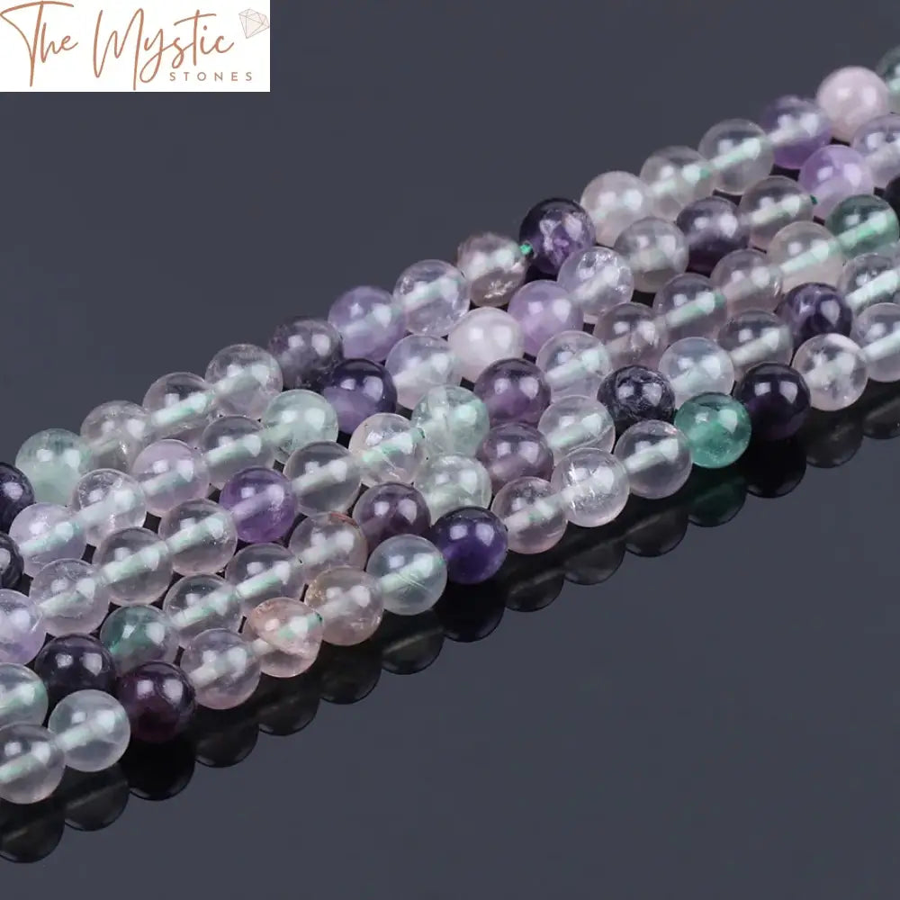 A collection of vibrant, colorful fluorite beads, each measuring 8mm in diameter, are displayed.