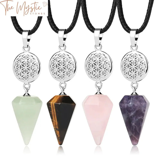 A collection of natural stone necklaces featuring cone-shaped crystal pendants.