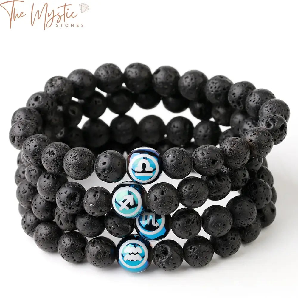 A stylish healing bracelet made from natural lava rock beads, featuring charms representing the 12 constellations.