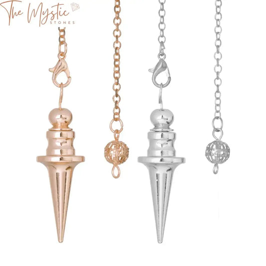 A copper metal pendulum with a conical shape, featuring intricate detailing and a shiny finish.