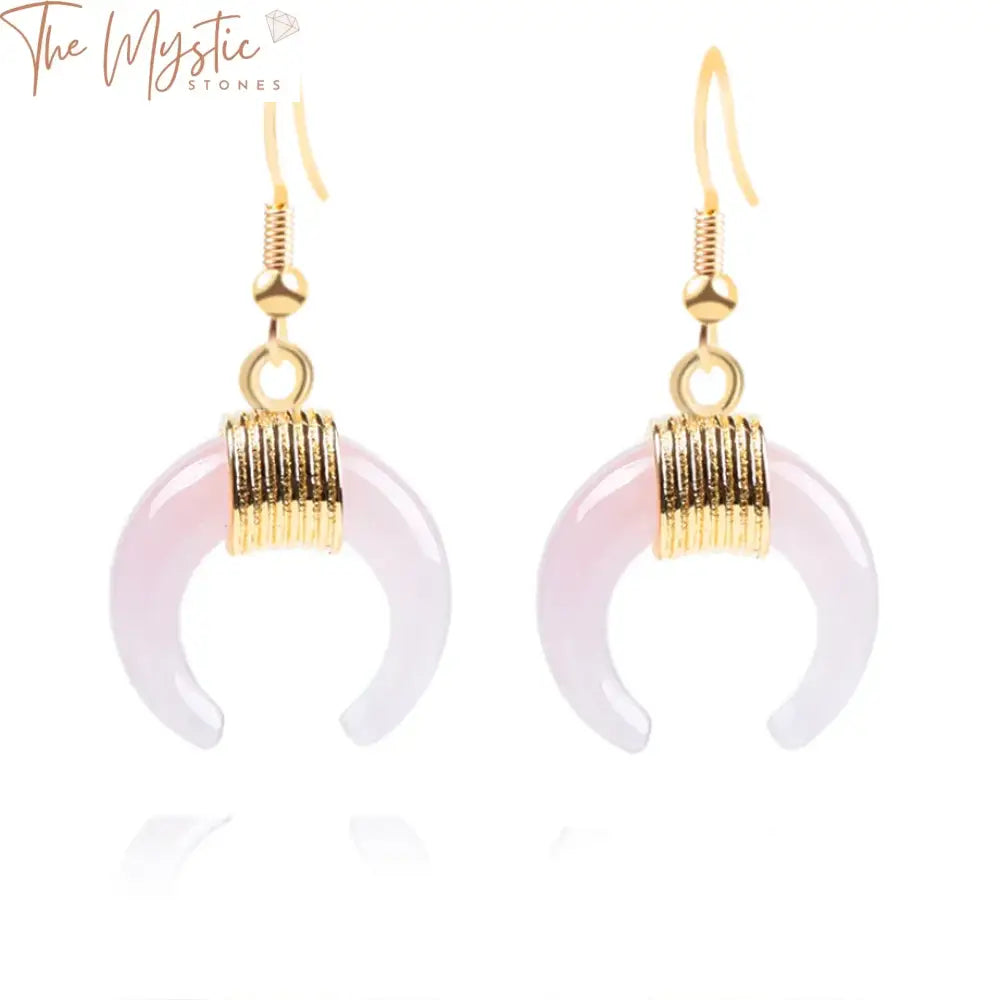 A pair of crescent-shaped earrings made with natural gemstone beads, featuring purple and pink quartz and tiger eye stones.