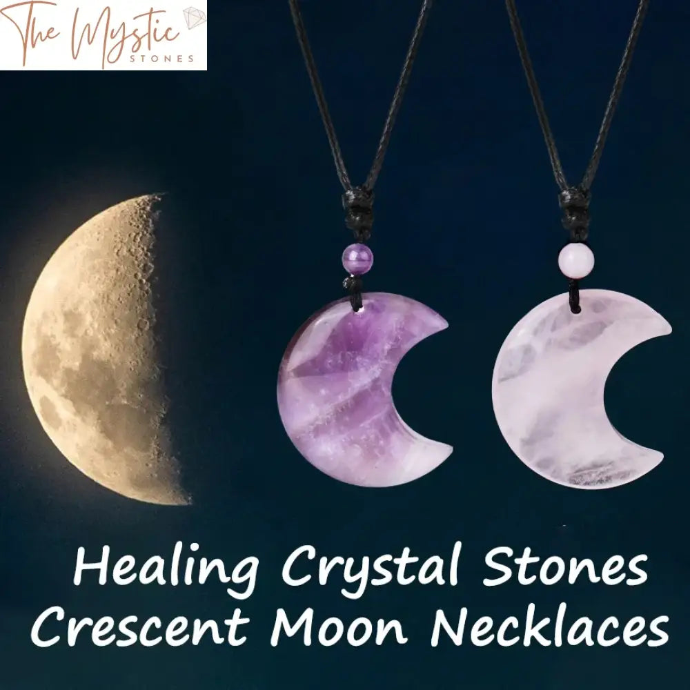 A collection of six crescent moon-shaped crystal necklaces, each featuring a different natural stone pendant.