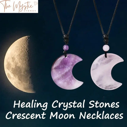 A collection of six crescent moon-shaped crystal necklaces, each featuring a different natural stone pendant.