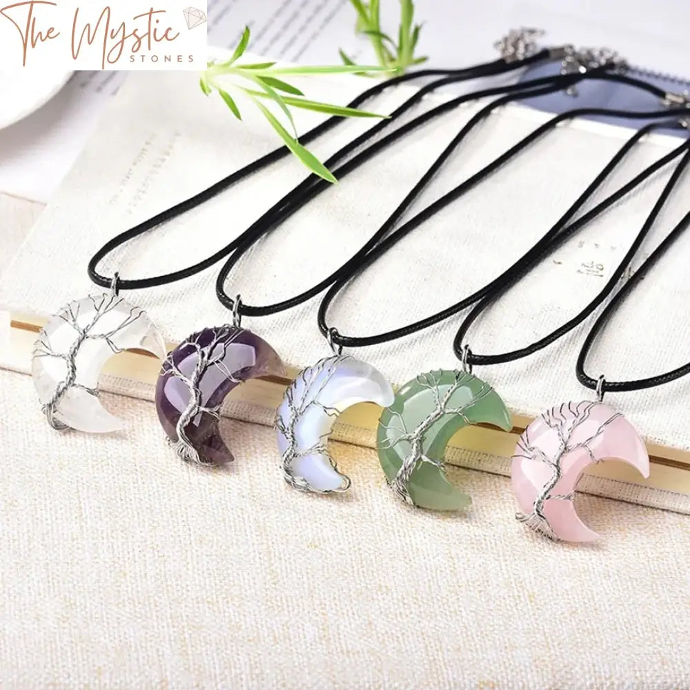 Crescent Moon Pink Quartz Tree Of Life Necklace