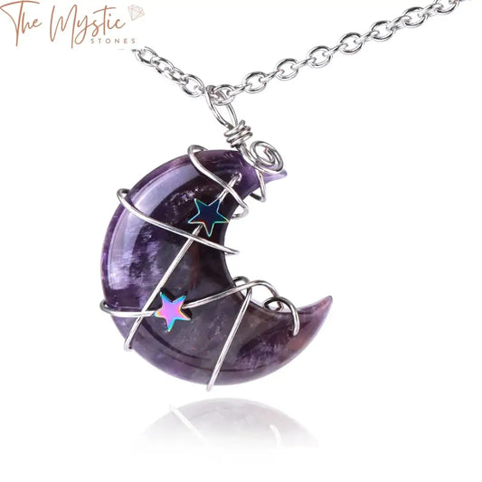 Crescent Moon & Star Pink Quartz Pendant Necklace