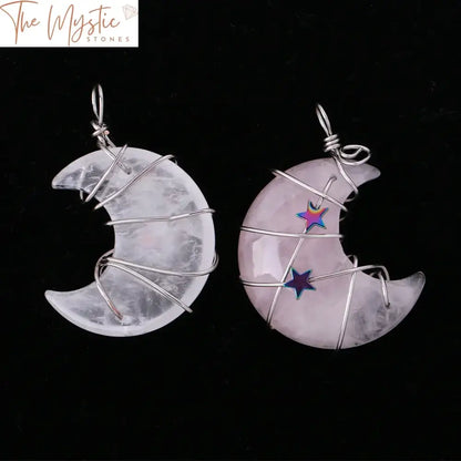 Crescent Moon & Star Pink Quartz Pendant Necklace