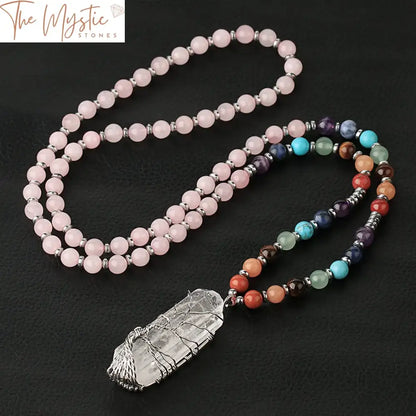 Crystal Clear 6Mm Beaded Necklace With Abstract Pendant