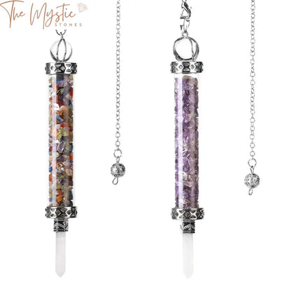 A close-up image of a delicate wishing bottle pendulum featuring a crystal stone pendant.