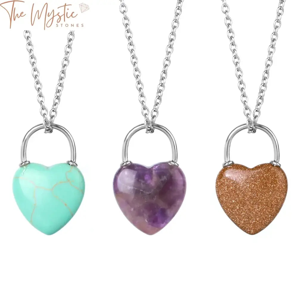 A collection of natural stone pendants featuring heart-shaped charms.