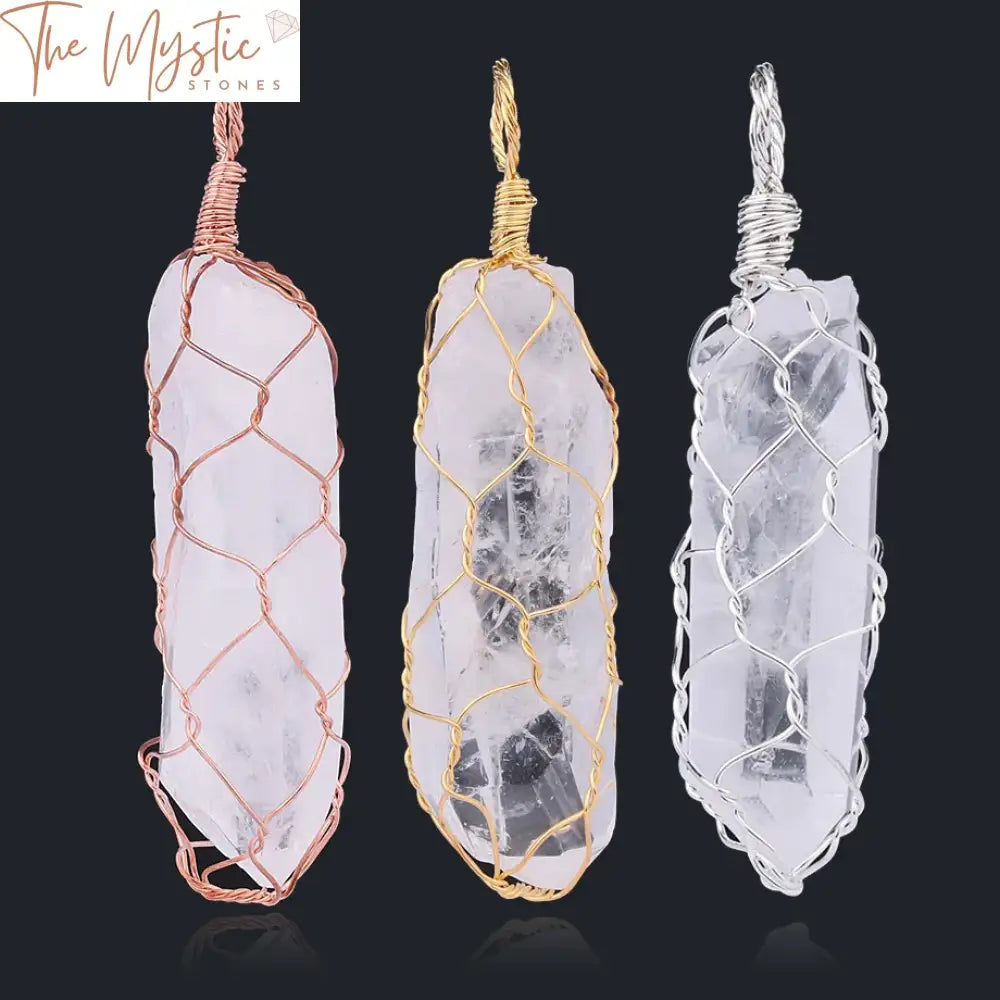 Irregularly shaped natural crystal pillar pendant with a wire-wrapped design, available in gold and silver colors.