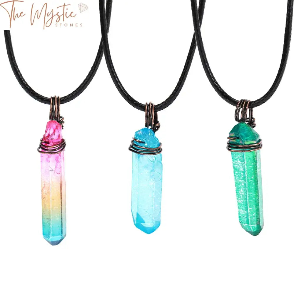 A collection of colorful, irregular-shaped natural stone crystal pendants, each set in an antique plated metal casing.