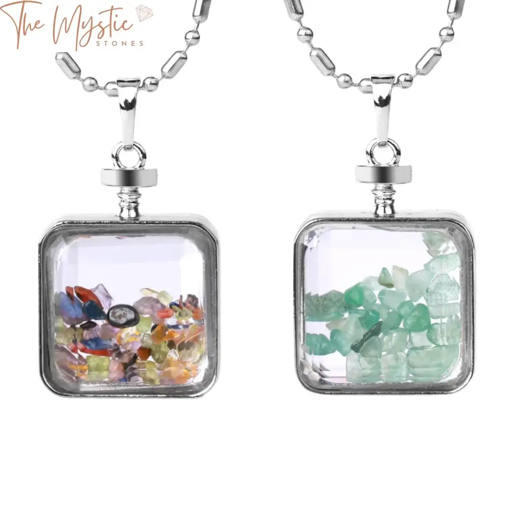 A collection of square crystal pendants featuring various natural chip stones encased in clear bottles.