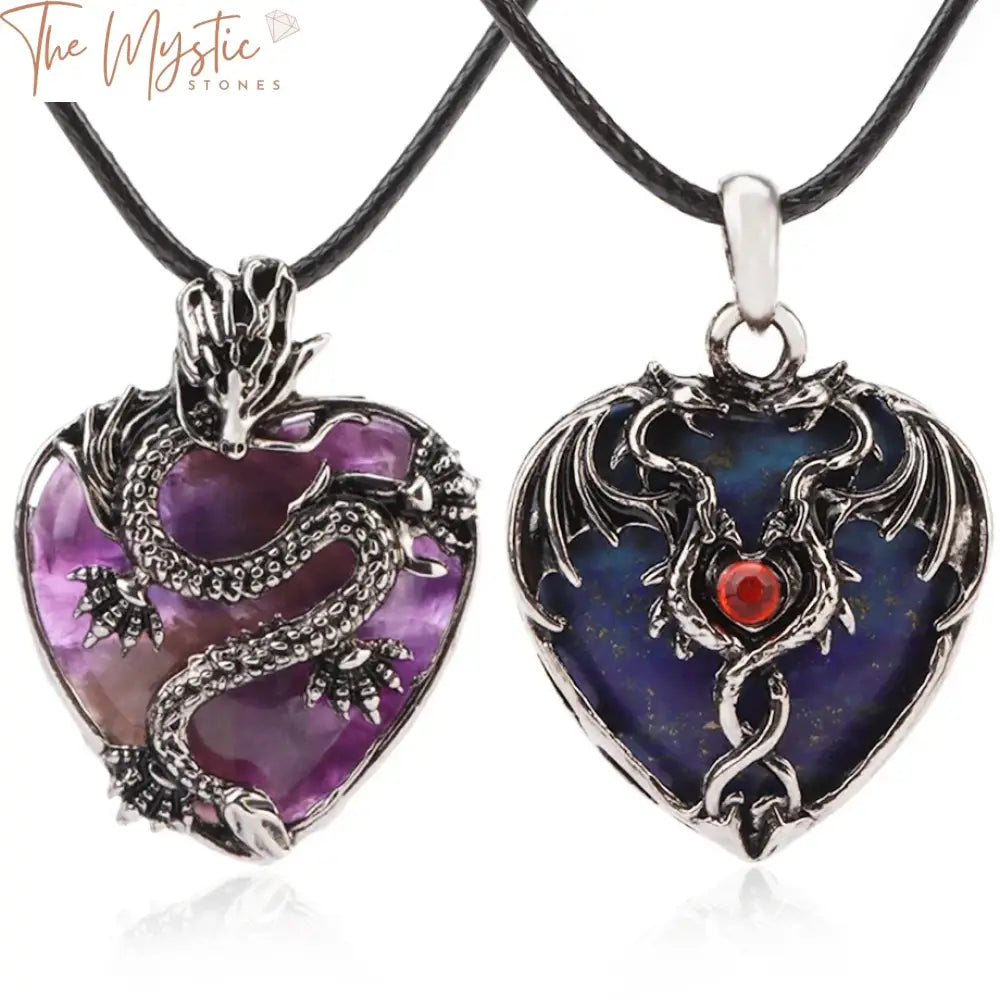 A silver chain necklace featuring two intertwined dragon figurines holding a natural stone heart crystal pendant.