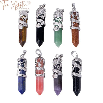 Myth Dragon Wrapped Top Necklaces featuring polished natural gem stone agate pendants.