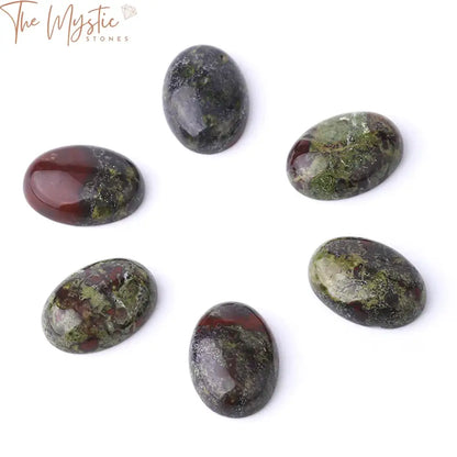 A collection of natural Dragon Blood Stone cabochons with an oval shape, featuring a mix of deep green and red hues.