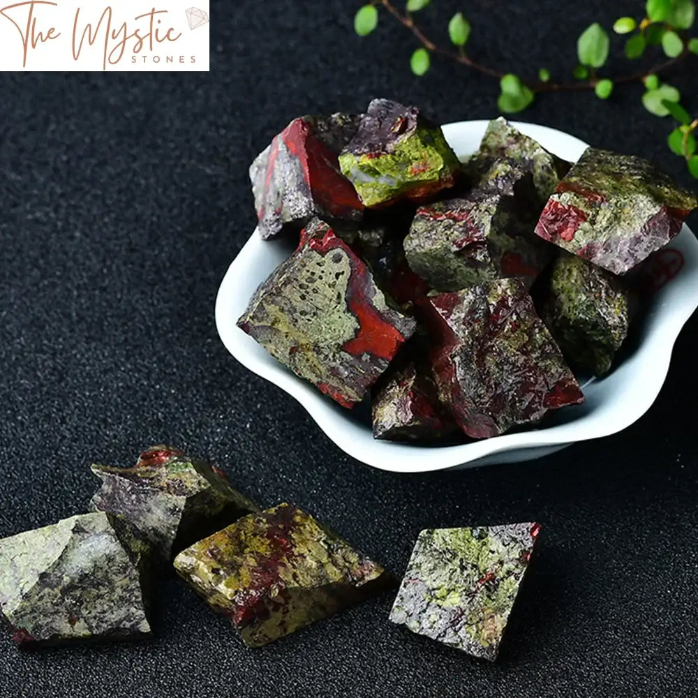 Close-up image of a natural Dragon Bloodstone, showcasing its raw and rough texture.