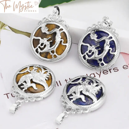 2Pcs Natural Stone Couple Necklaces For Lovers Vintage Dragon & Phoenix Cabochon Crystal Pendant