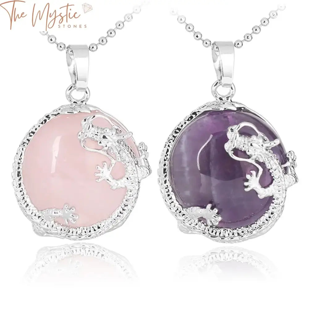 A collection of necklaces featuring dragon pendants paired with vibrant natural stones.