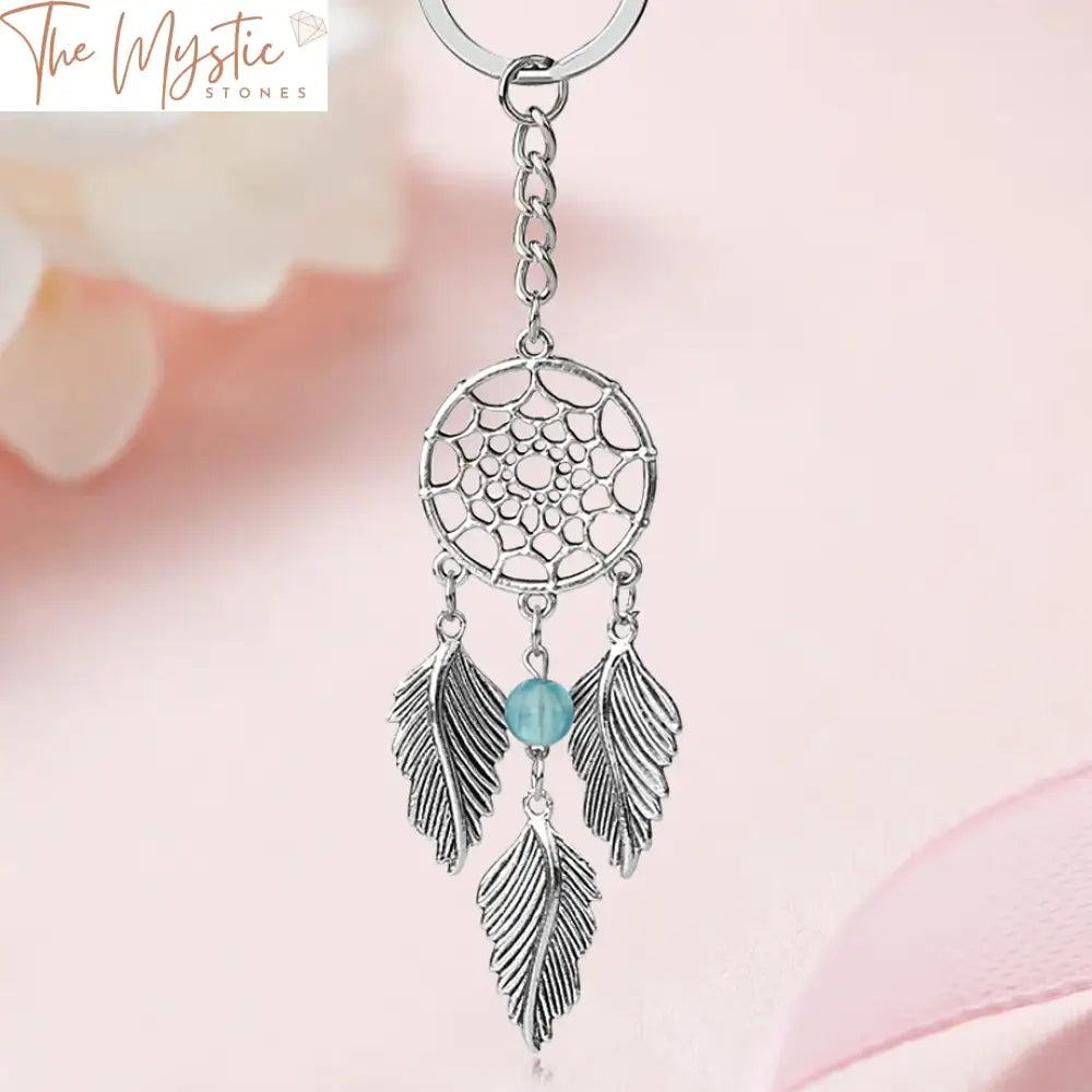 Dreamcatcher Feather Keychain - Silver With Pink Blue And White Beads