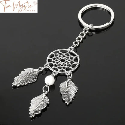 Dreamcatcher Feather Keychain - Silver With Pink Blue And White Beads