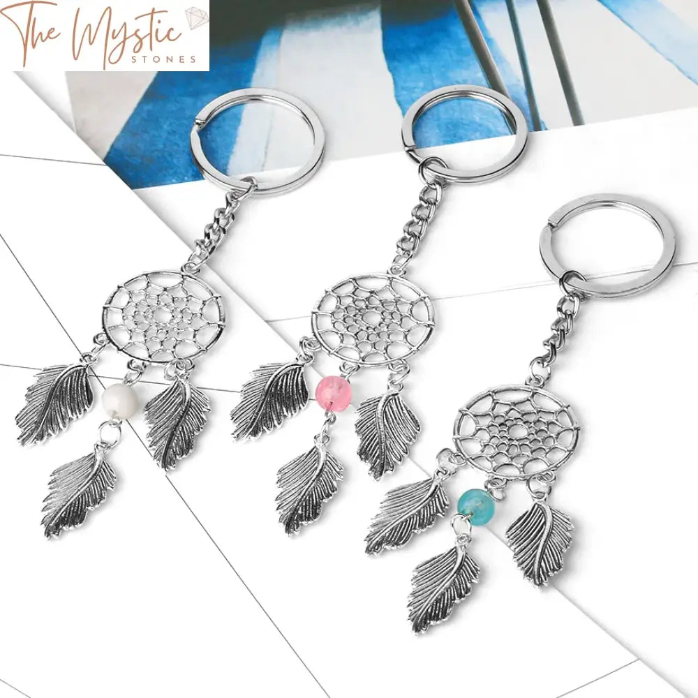 Dreamcatcher Feather Keychain - Silver With Pink Blue And White Beads