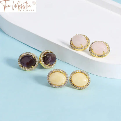 Egg-Shaped Gold Crystal Stud Earrings